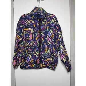 Vintage EVR Silk Geometric Bomber Jacket  80s 90s Hip Hop Vibrant- LARGE